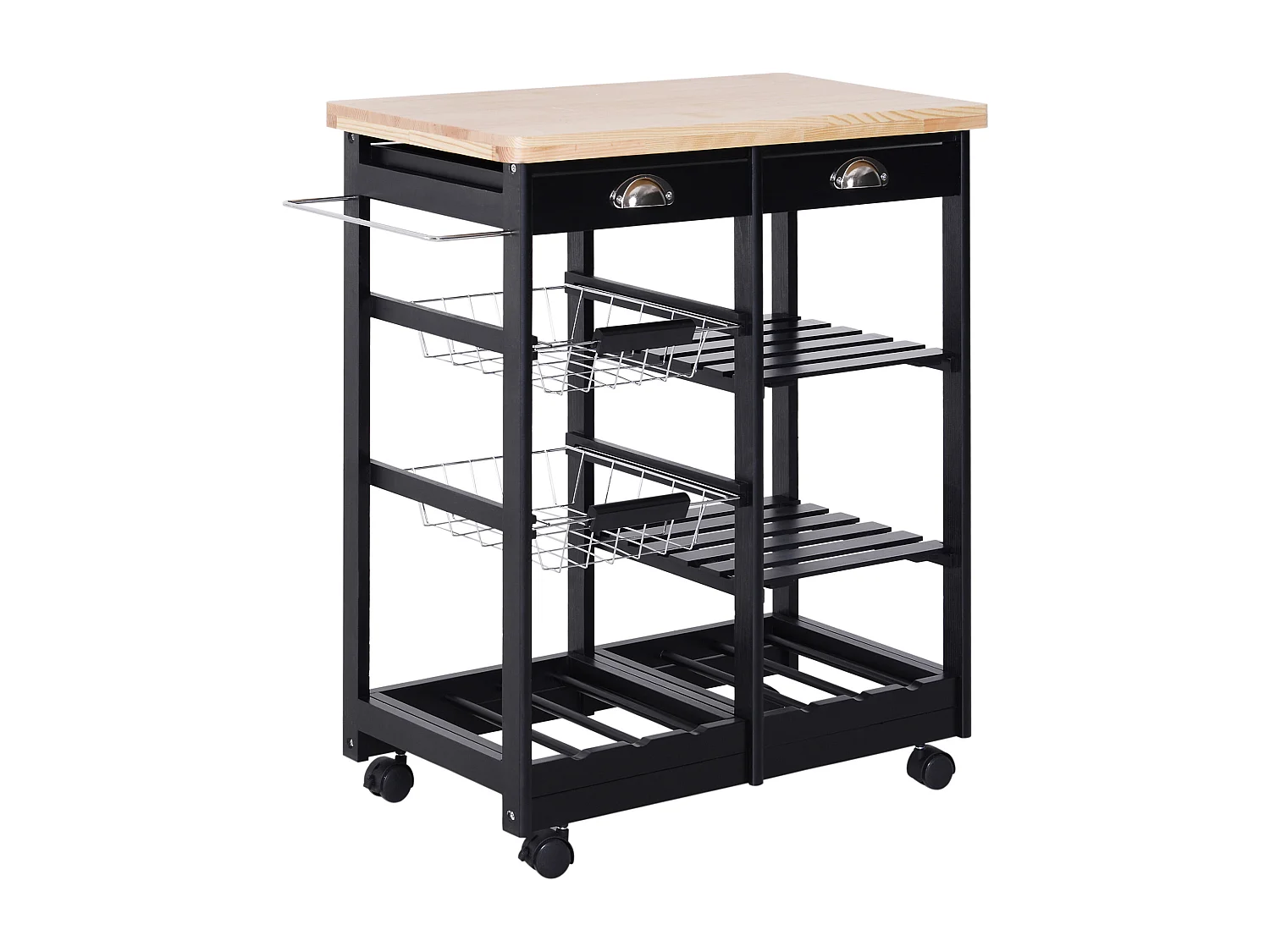 Chariot de service desserte de cuisine à roulettes multi-rangements 74L x 37l x 76H cm plateau bois massif pin châssis MDF noir
