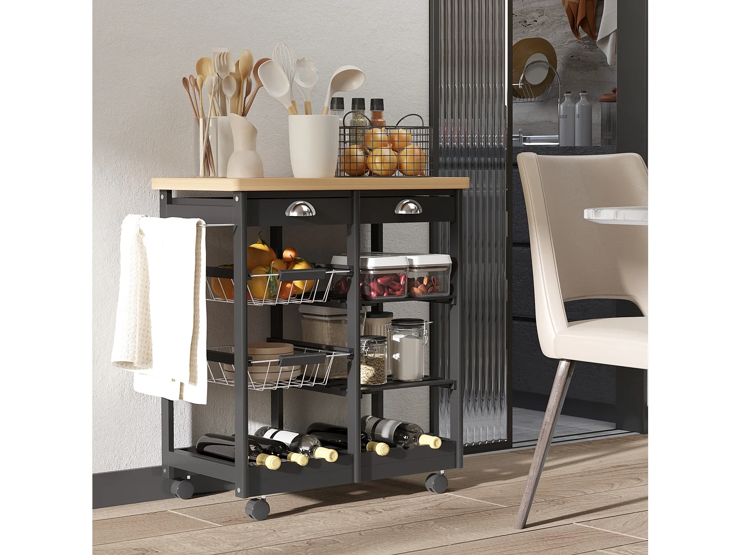 Chariot de service desserte de cuisine à roulettes multi-rangements 74L x 37l x 76H cm plateau bois massif pin châssis MDF noir