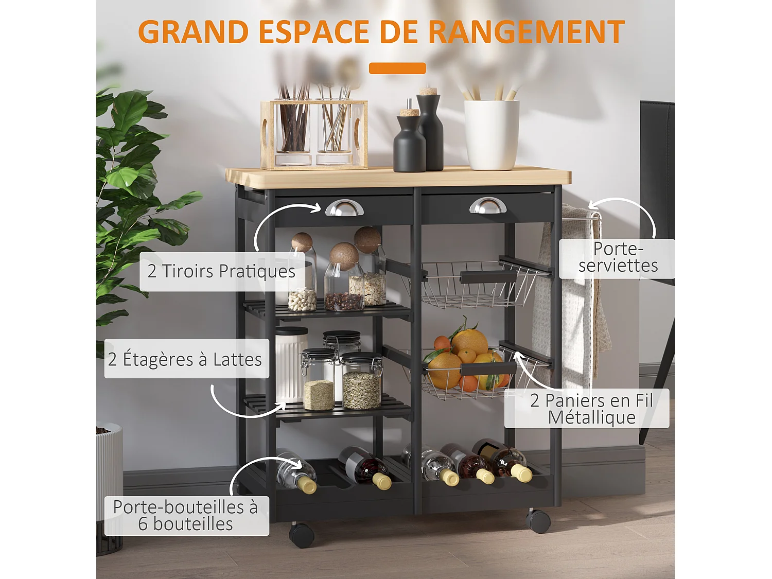 Chariot de service desserte de cuisine à roulettes multi-rangements 74L x 37l x 76H cm plateau bois massif pin châssis MDF noir