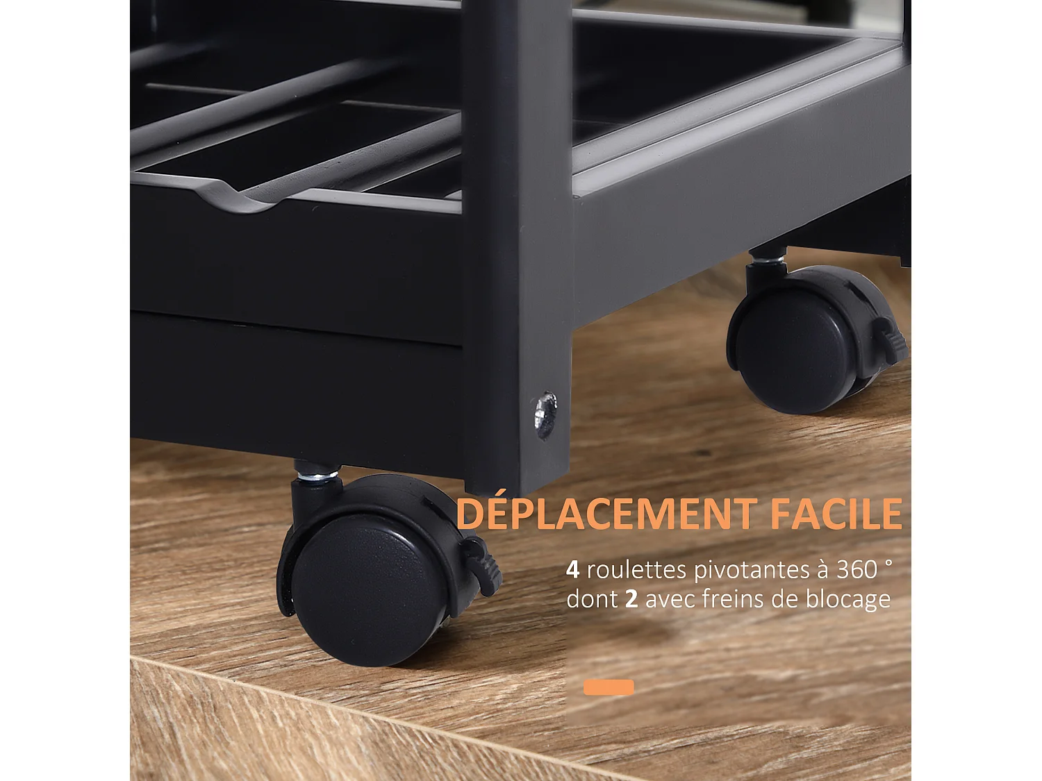 Chariot de service desserte de cuisine à roulettes multi-rangements 74L x 37l x 76H cm plateau bois massif pin châssis MDF noir