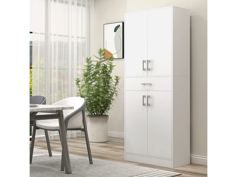 Buffet haut de cuisine blanc mat style contemporain - 4 portes, 2 étagères réglables, tiroir coulissant