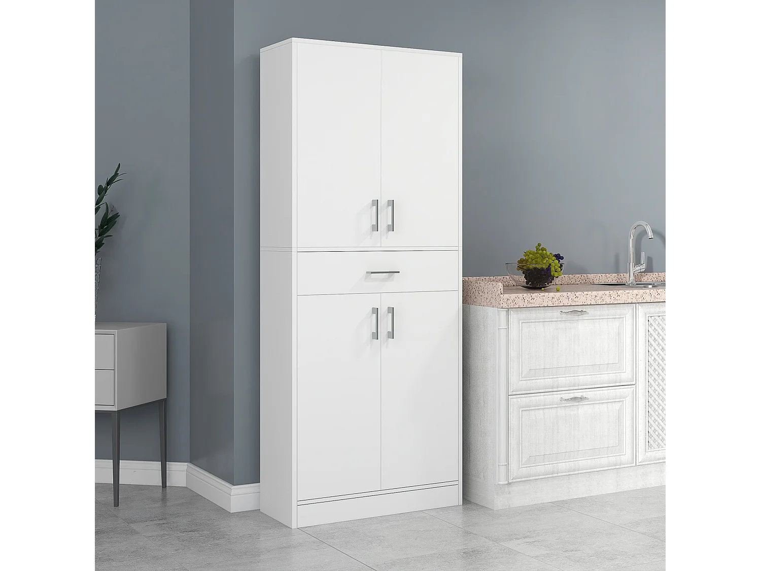 Buffet haut de cuisine blanc mat style contemporain - 4 portes, 2 étagères réglables, tiroir coulissant