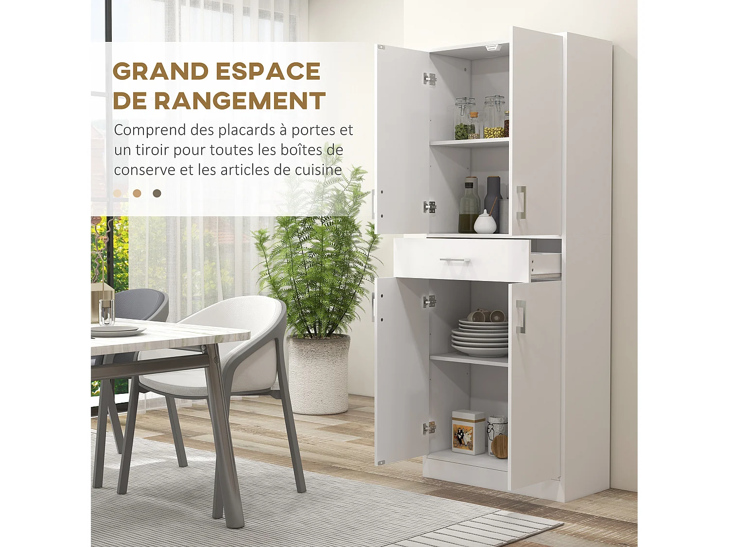 Buffet haut de cuisine style contemporain - 4 portes, 2 étagères réglables, tiroir coulissant - blanc mat