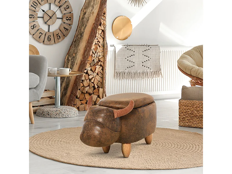 Tabouret vache - pouf vachette - pouf taureau coffre de rangement 2 en 1 - pieds bois d'hévéa revêtement synthétique aspect daim vieilli marron