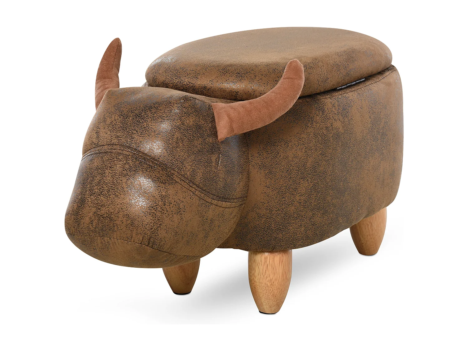 Tabouret vache - pouf vachette - pouf taureau coffre de rangement 2 en 1 - pieds bois d'hévéa revêtement synthétique aspect daim vieilli marron