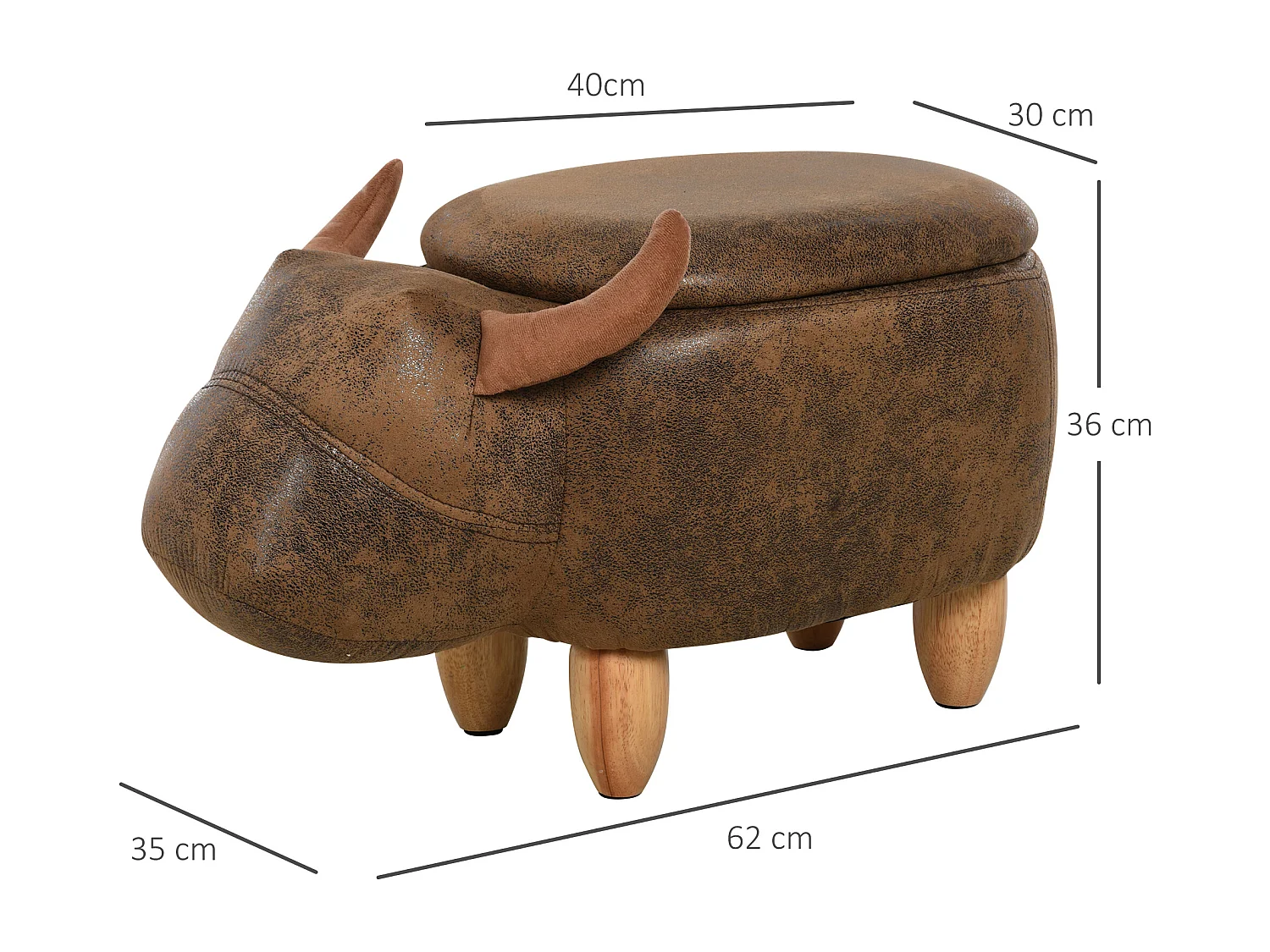 Tabouret vache - pouf vachette - pouf taureau coffre de rangement 2 en 1 - pieds bois d'hévéa revêtement synthétique aspect daim vieilli marron