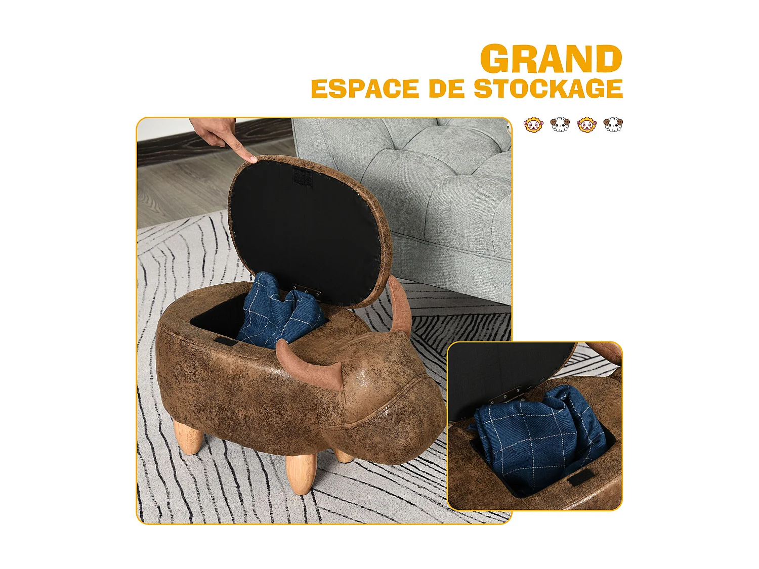 Tabouret vache - pouf vachette - pouf taureau coffre de rangement 2 en 1 - pieds bois d'hévéa revêtement synthétique aspect daim vieilli marron