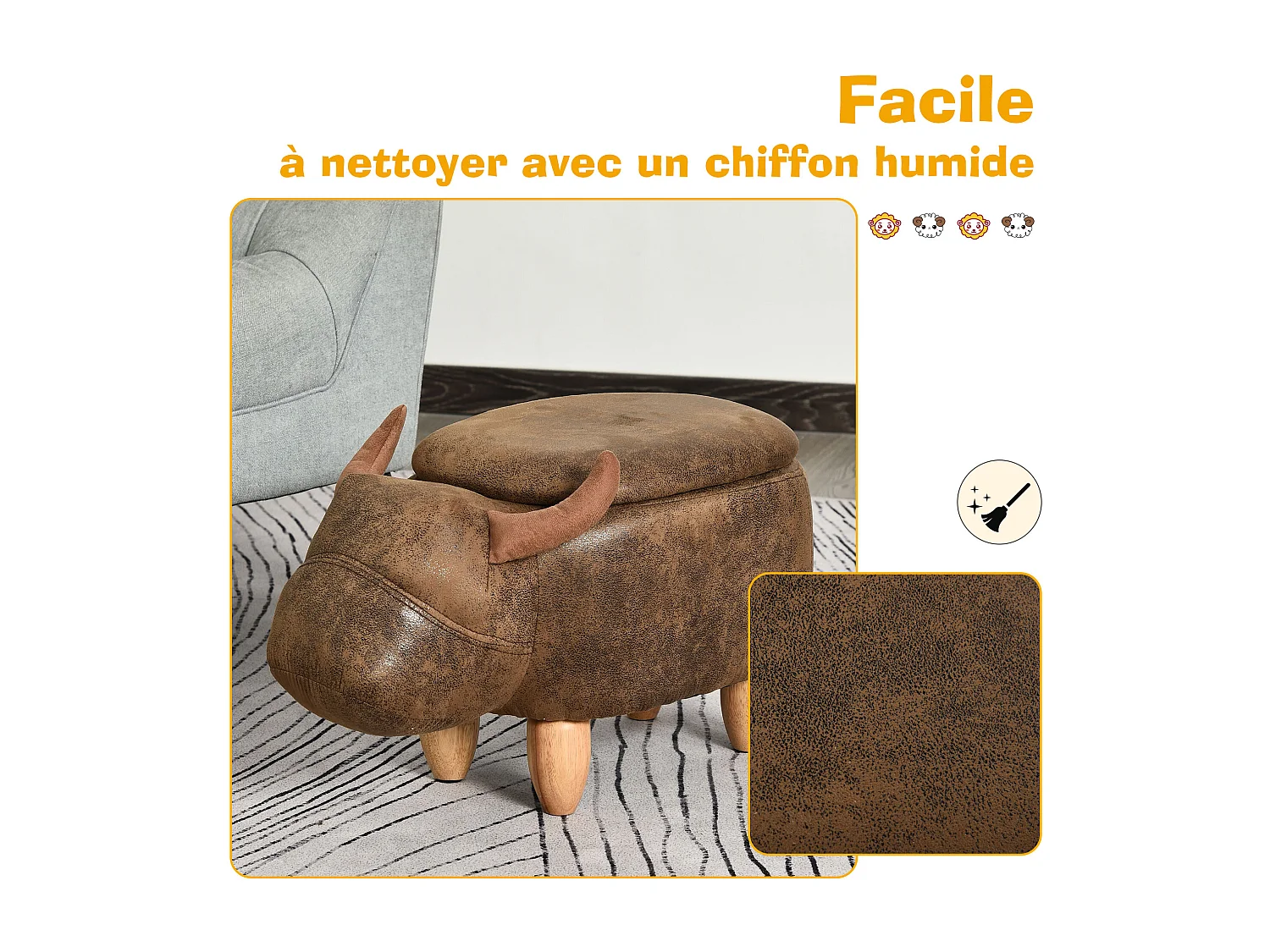 Tabouret vache - pouf vachette - pouf taureau coffre de rangement 2 en 1 - pieds bois d'hévéa revêtement synthétique aspect daim vieilli marron