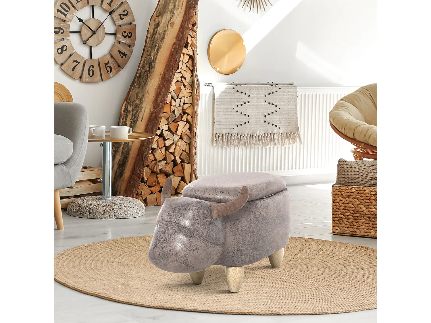 Tabouret vache - pouf vachette - pouf taureau coffre de rangement 2 en 1 - pieds bois d'hévéa revêtement synthétique aspect daim vieilli marron