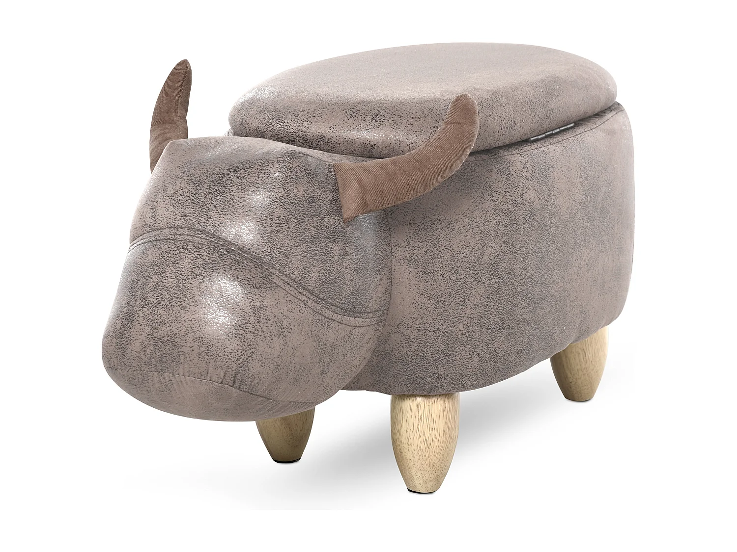 Tabouret vache - pouf vachette - pouf taureau coffre de rangement 2 en 1 - pieds bois d'hévéa revêtement synthétique aspect daim vieilli marron