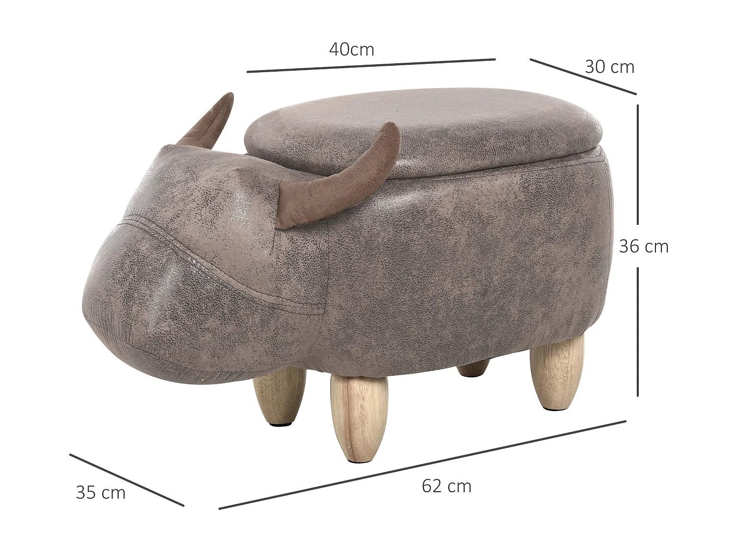 Tabouret vache - pouf vachette - pouf taureau coffre de rangement 2 en 1 - pieds bois d'hévéa revêtement synthétique aspect daim vieilli marron