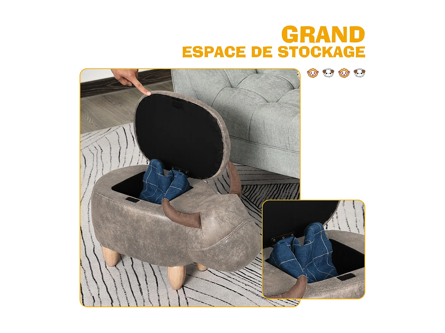 Tabouret vache - pouf vachette - pouf taureau coffre de rangement 2 en 1 - pieds bois d'hévéa revêtement synthétique aspect daim vieilli marron