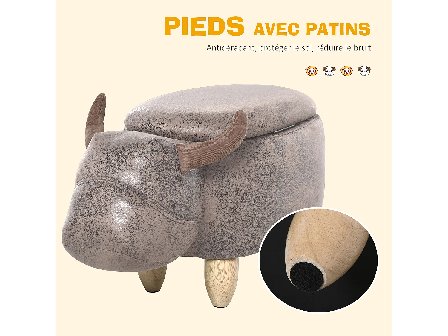 Tabouret vache - pouf vachette - pouf taureau coffre de rangement 2 en 1 - pieds bois d'hévéa revêtement synthétique aspect daim vieilli marron