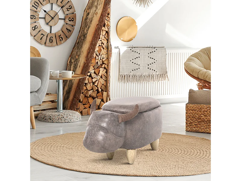 Tabouret vache - pouf vachette - pouf taureau coffre de rangement 2 en 1 - pieds bois d'hévéa revêtement synthétique aspect daim vieilli marron