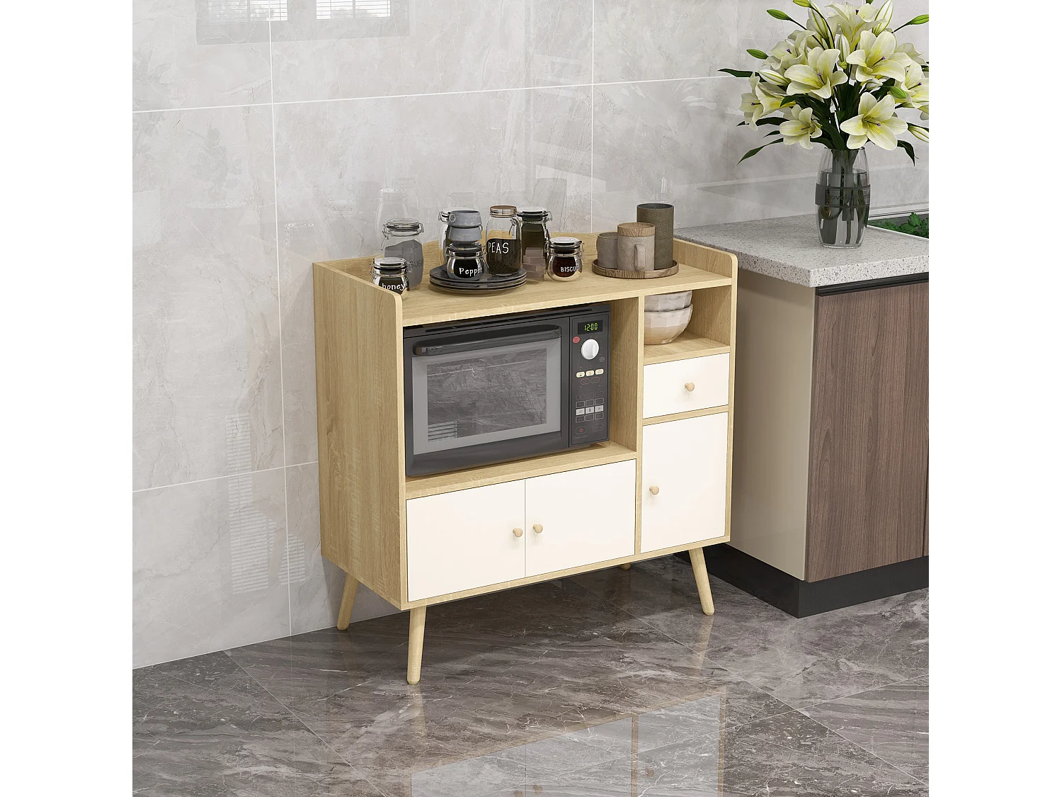 Meuble de rangement buffet de cuisine pour micro-ondes avec placards tiroir 85 x 40 x 88,5 cm naturel et blanc