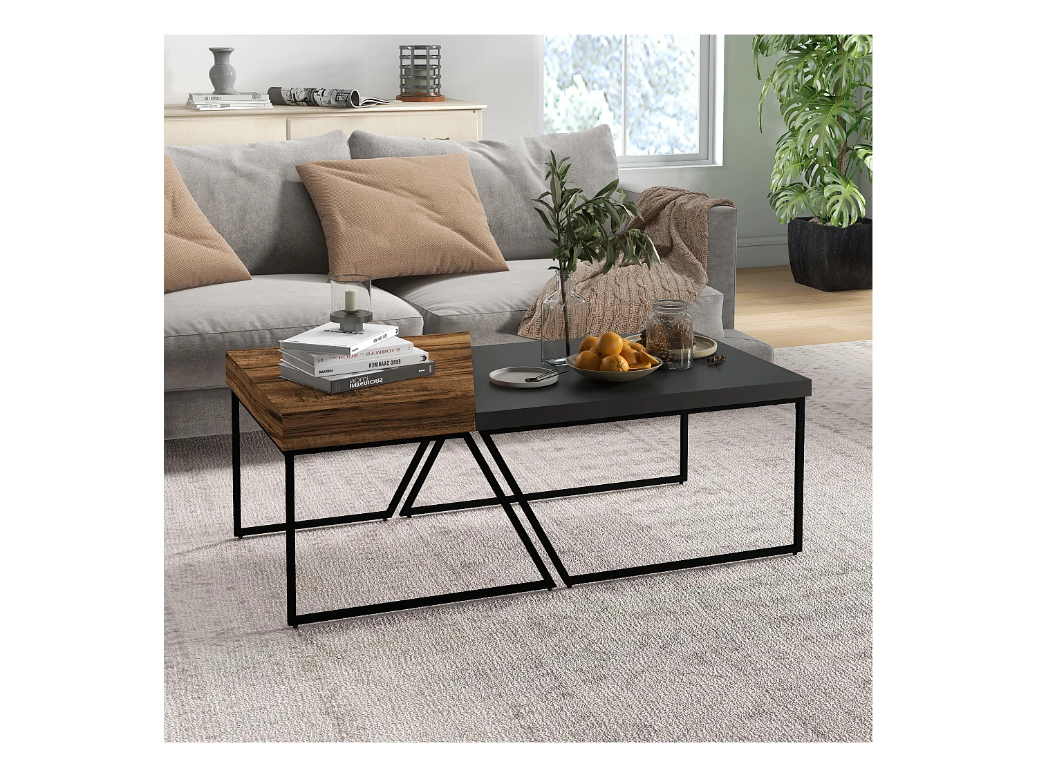 Lot de 2 tables basses design industriel géométrique - effet bois et acier noir