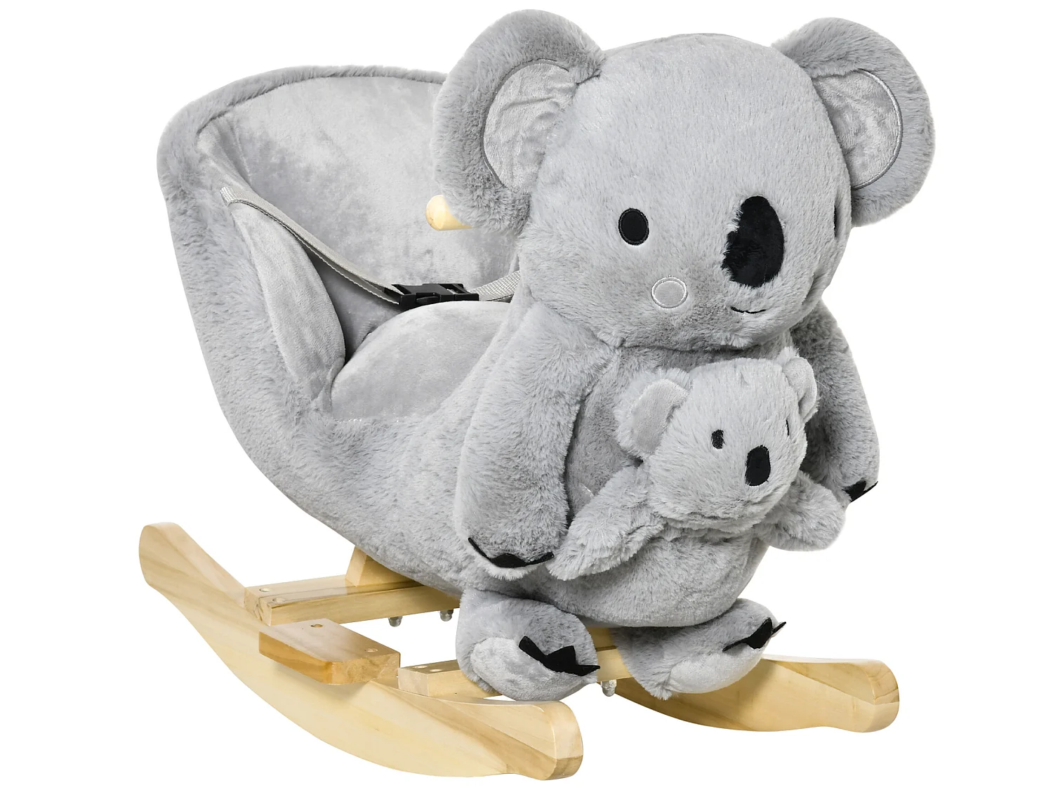 Jouet à bascule koala avec marionnette - effet sonore rugissement - fauteuil intégré, ceinture de sécurité - bois peuplier peluche courte polyester gris