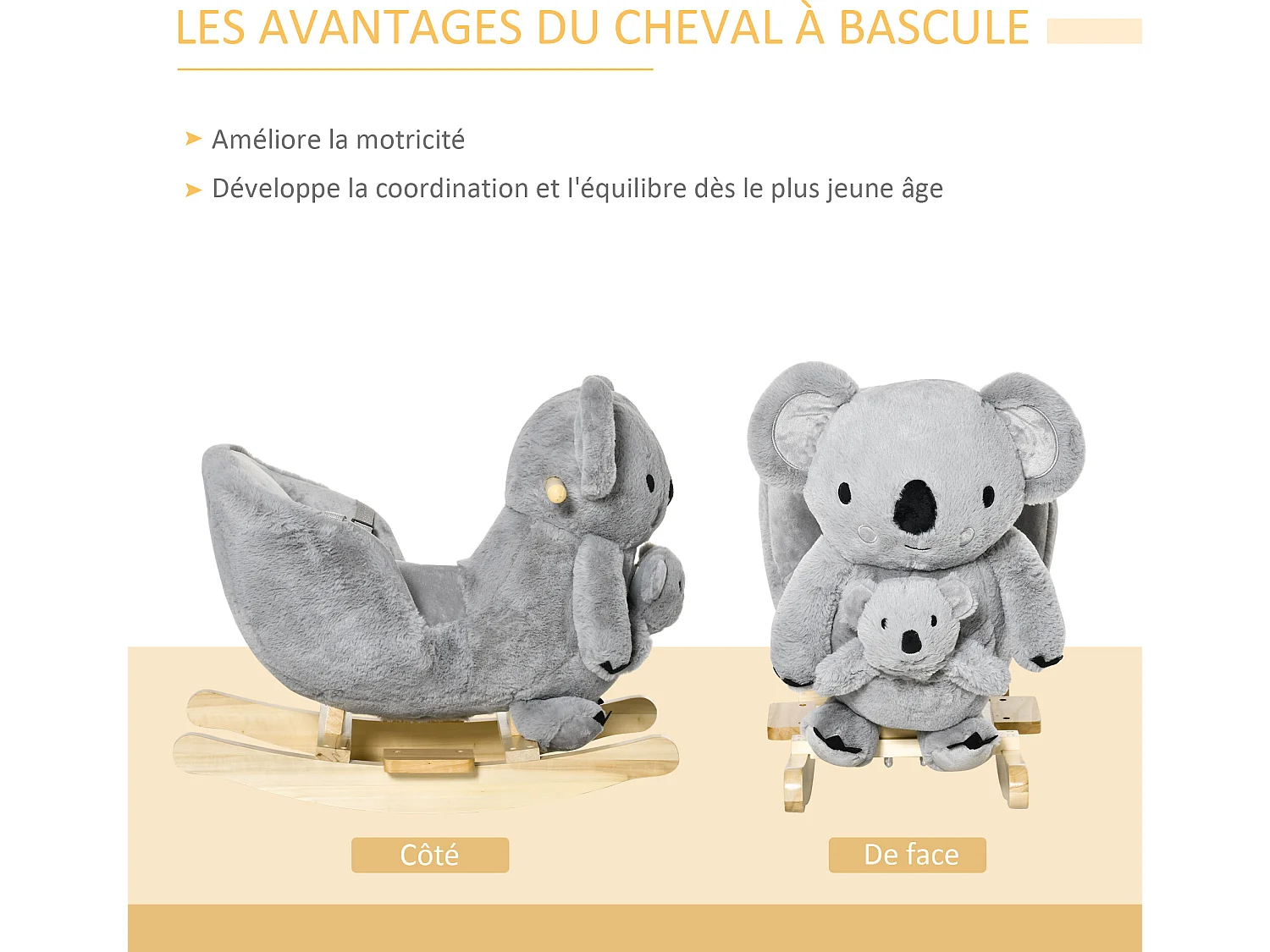 Jouet à bascule koala avec marionnette - effet sonore rugissement - fauteuil intégré, ceinture de sécurité - bois peuplier peluche courte polyester gris