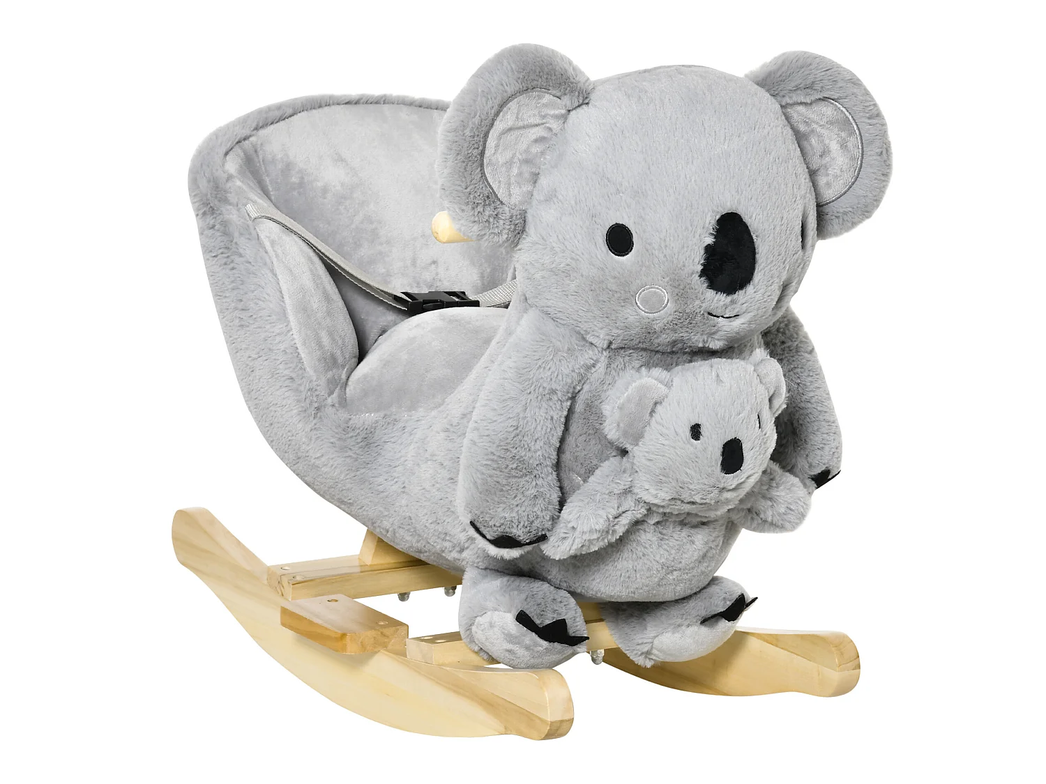 Jouet à bascule koala avec marionnette - effet sonore rugissement - fauteuil intégré, ceinture de sécurité - bois peuplier peluche courte polyester gris