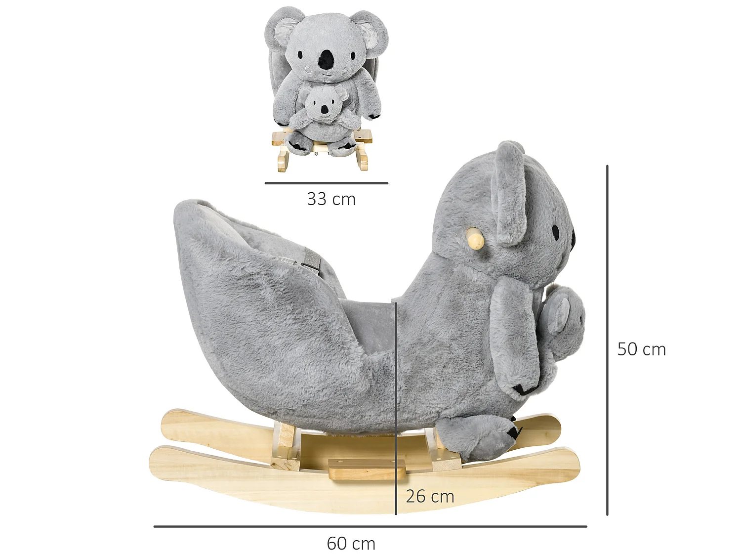 Jouet à bascule koala avec marionnette - effet sonore rugissement - fauteuil intégré, ceinture de sécurité - bois peuplier peluche courte polyester gris