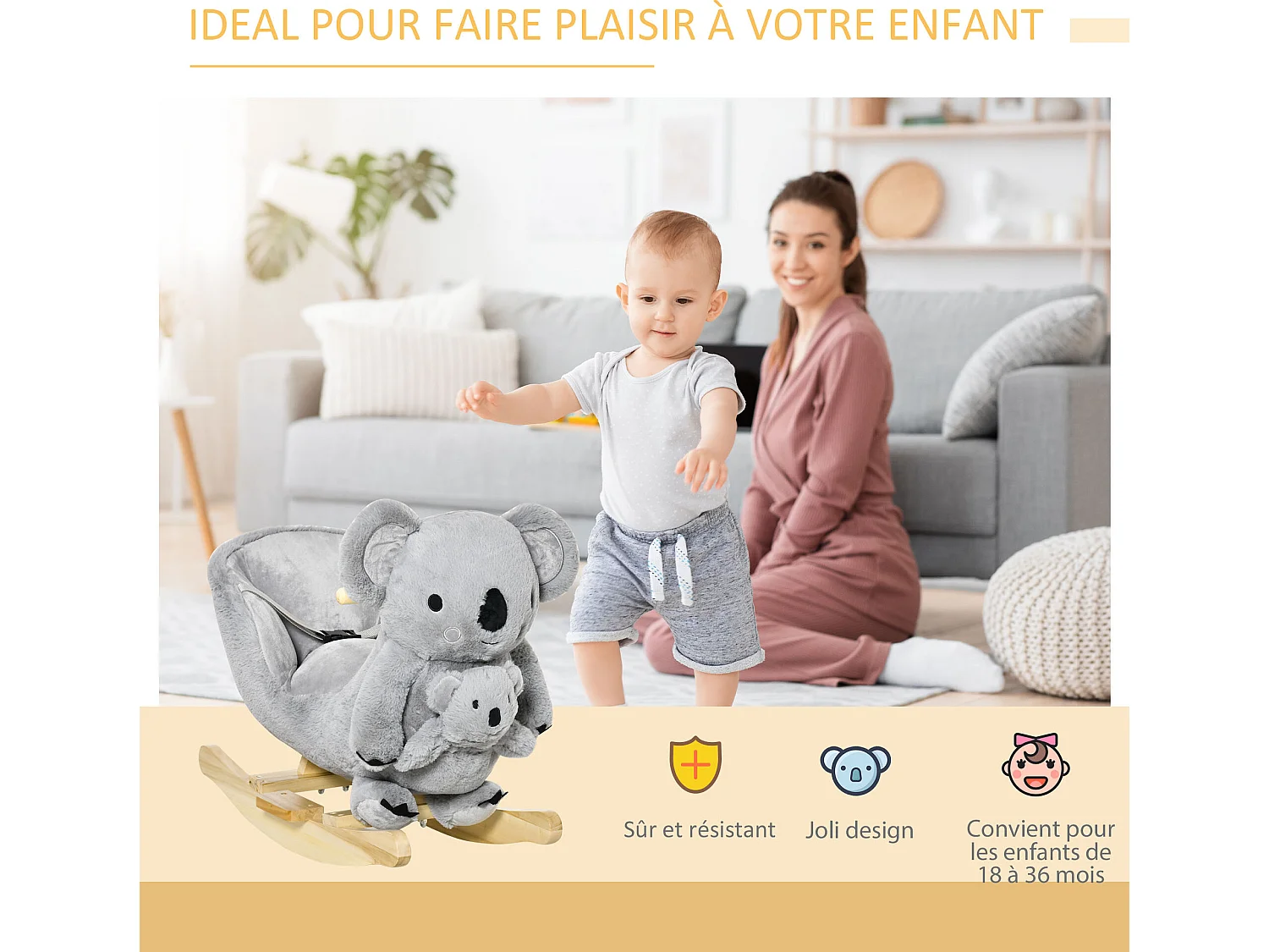Jouet à bascule koala avec marionnette - effet sonore rugissement - fauteuil intégré, ceinture de sécurité - bois peuplier peluche courte polyester gris