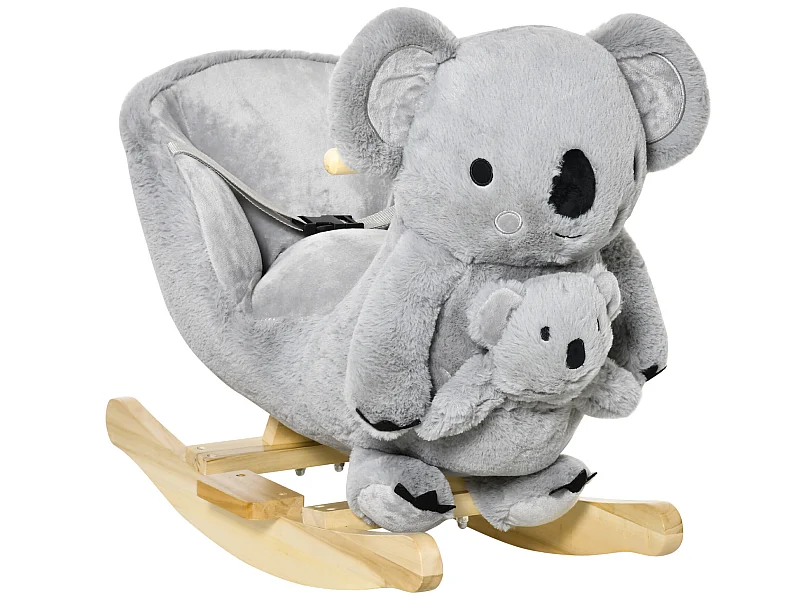 Jouet à bascule koala avec marionnette - effet sonore rugissement - fauteuil intégré, ceinture de sécurité - bois peuplier peluche courte polyester gris