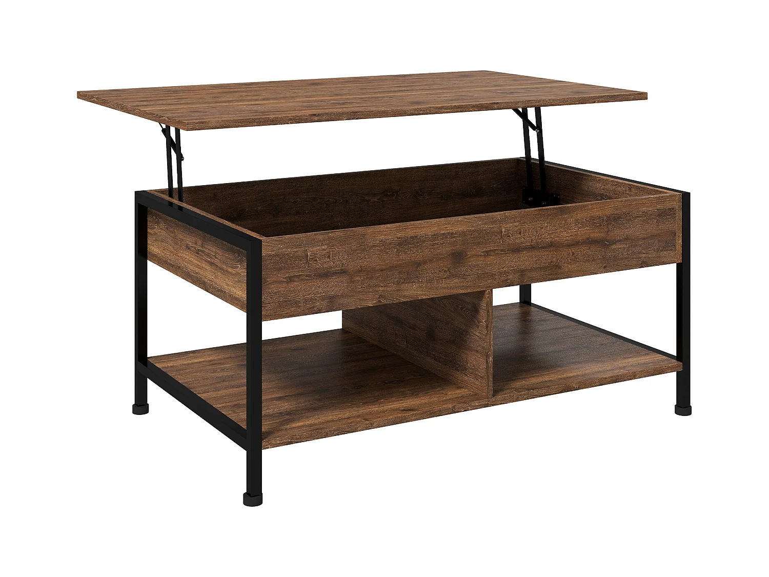 Table basse relevable - étagère inférieure, coffre de rangement - dim. 100L x 80l x 60H cm - aspect bois rustique noir