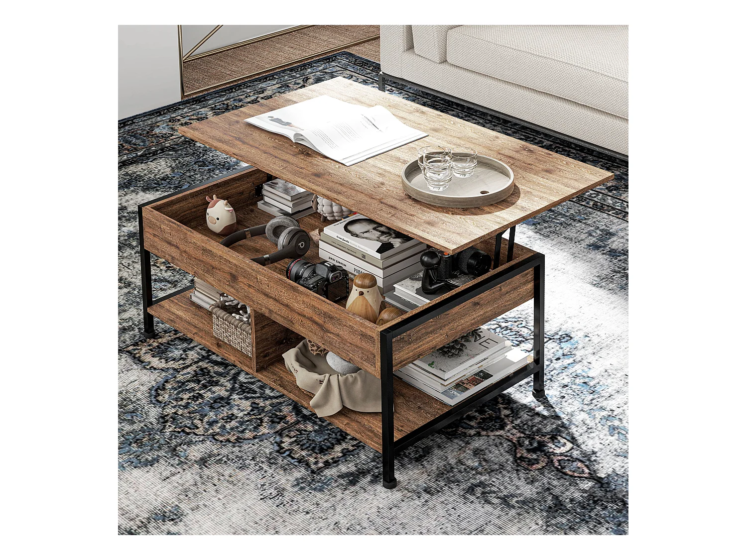 Table basse relevable - étagère inférieure, coffre de rangement - dim. 100L x 80l x 60H cm - aspect bois rustique noir