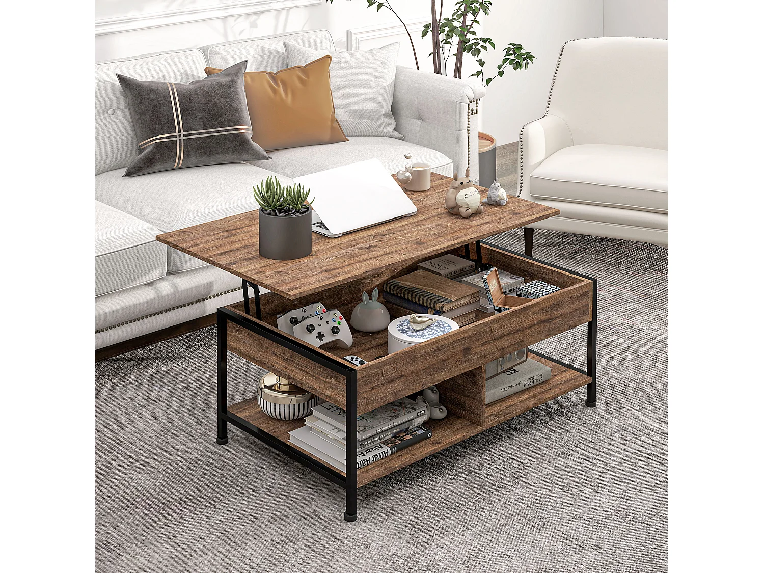 Table basse relevable - étagère inférieure, coffre de rangement - dim. 100L x 80l x 60H cm - aspect bois rustique noir