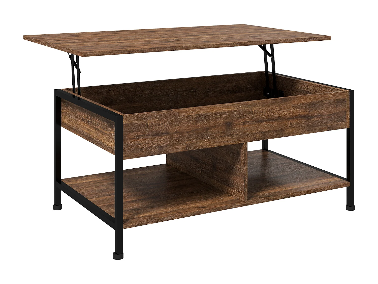 Table basse relevable - étagère inférieure, coffre de rangement - dim. 100L x 80l x 60H cm - aspect bois rustique noir