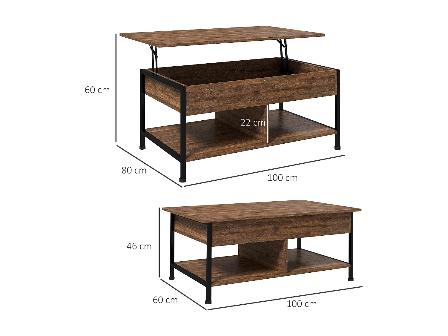 Table basse relevable - étagère inférieure, coffre de rangement - dim. 100L x 80l x 60H cm - aspect bois rustique noir