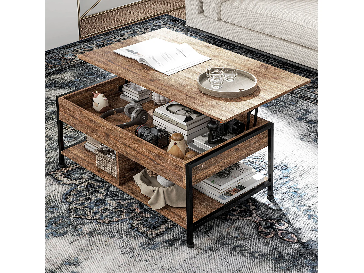 Table basse relevable - étagère inférieure, coffre de rangement - dim. 100L x 80l x 60H cm - aspect bois rustique noir
