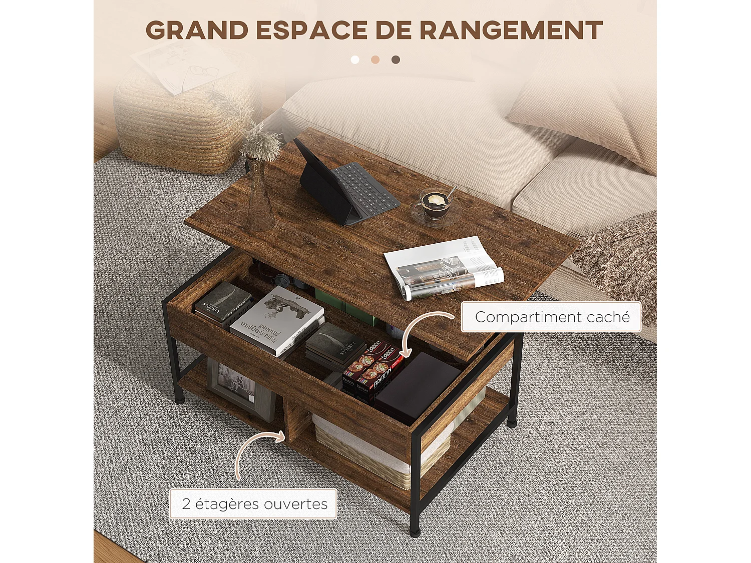 Table basse relevable - étagère inférieure, coffre de rangement - dim. 100L x 80l x 60H cm - aspect bois rustique noir