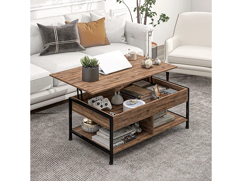 Table basse relevable - étagère inférieure, coffre de rangement - dim. 100L x 80l x 60H cm - aspect bois rustique noir