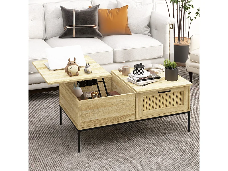 Table basse relevable style bohème chic - 2 tiroirs, compartiment - aspect cannage rotin PVC panneaux aspect bois clair