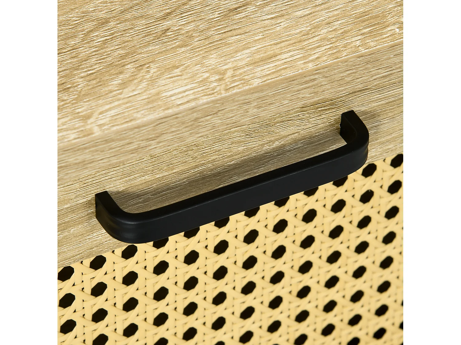 Table basse relevable style bohème chic - 2 tiroirs, compartiment - aspect cannage rotin PVC panneaux aspect bois clair