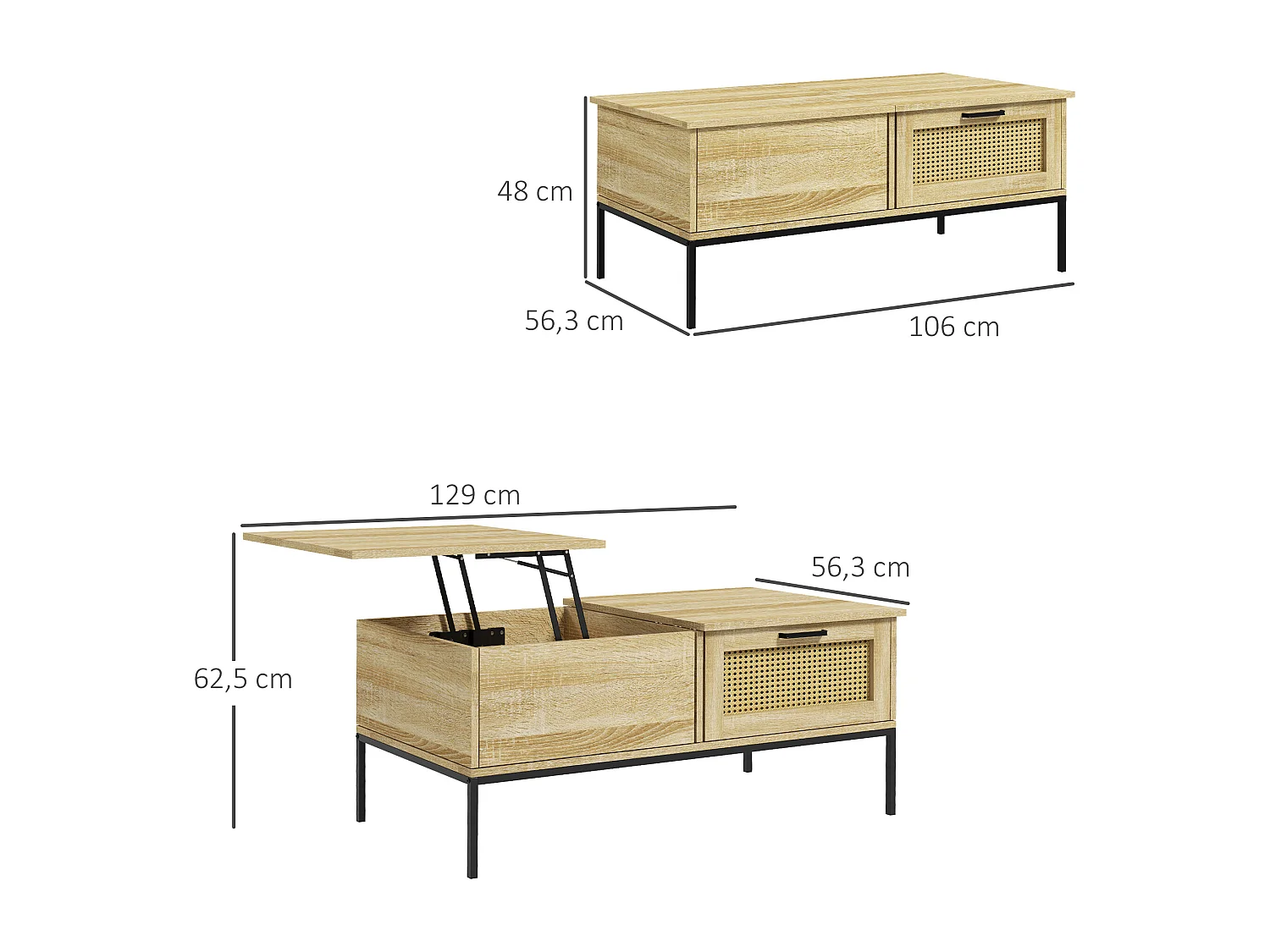 Table basse relevable style bohème chic - 2 tiroirs, compartiment - aspect cannage rotin PVC panneaux aspect bois clair