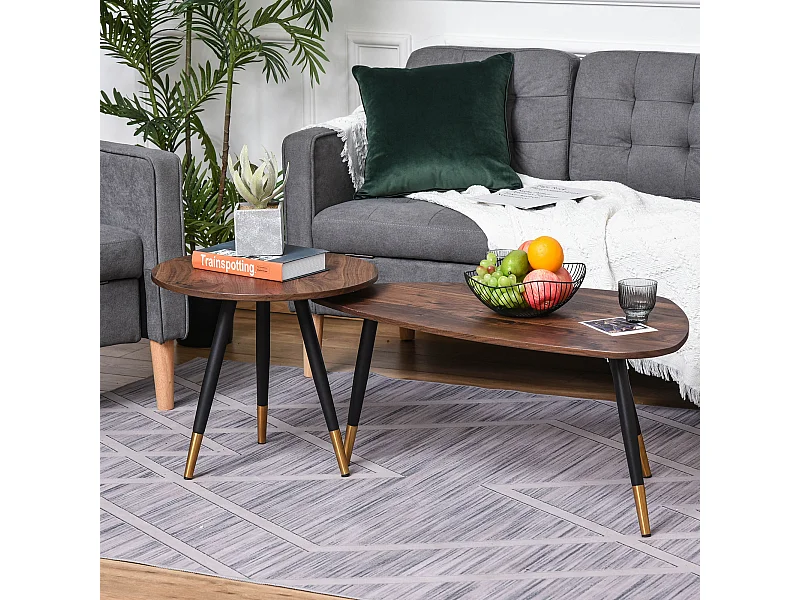 Lot de 2 tables basses gigognes style art déco pieds effilés inclinés métal noir extrémités doré plateaux MDF aspect teck foncé