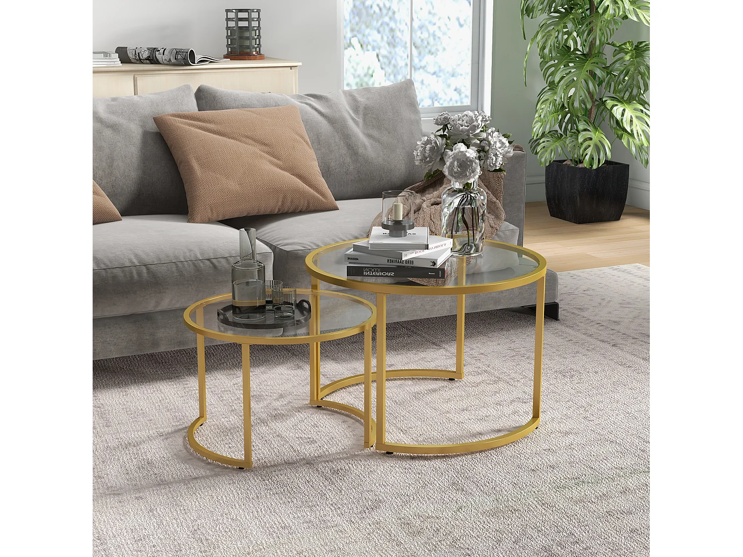 Lot de 2 tables basses gigognes rondes style art déco - acier doré verre trempé 5 mm