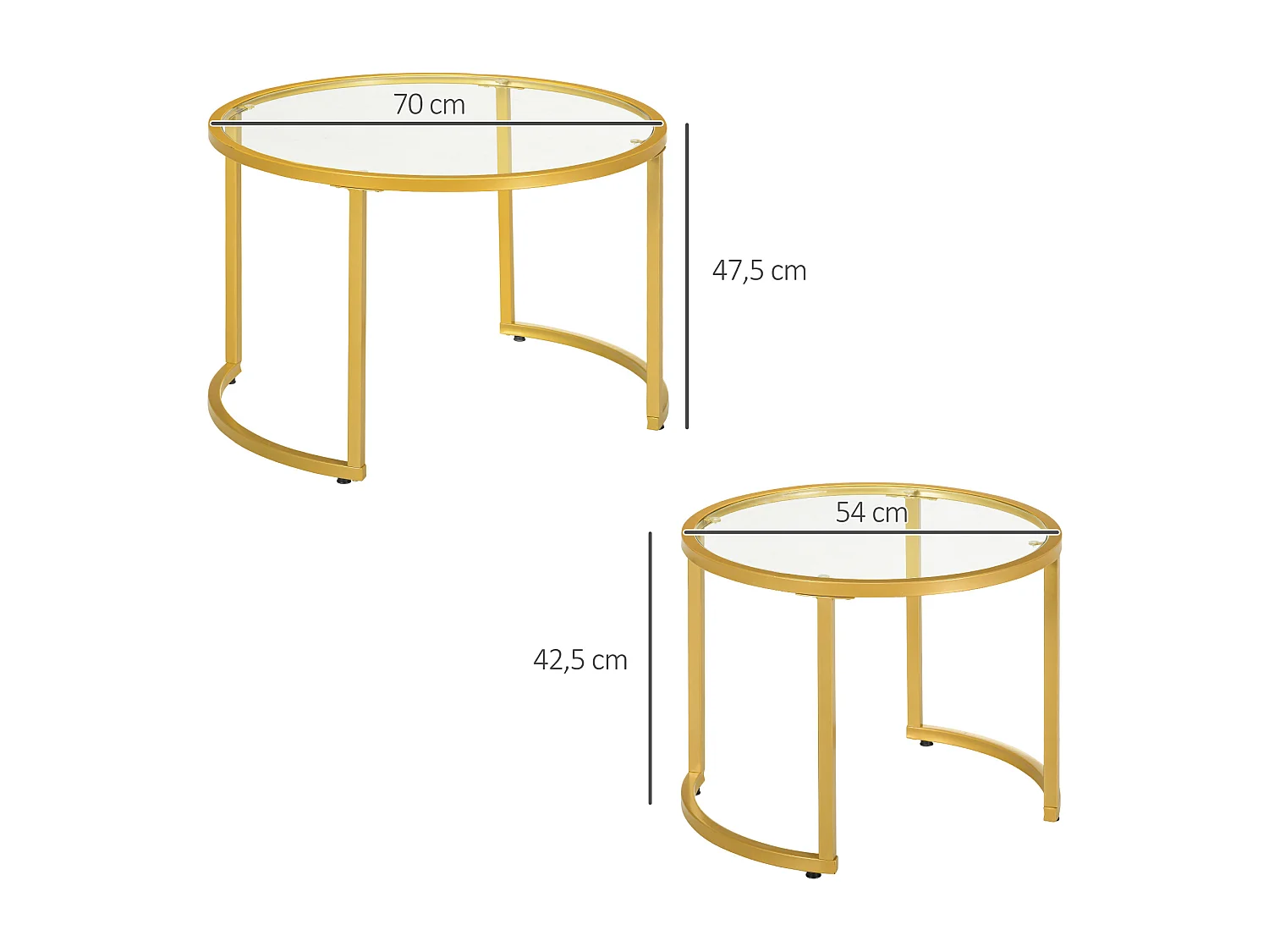 Lot de 2 tables basses gigognes rondes style art déco - acier doré verre trempé 5 mm