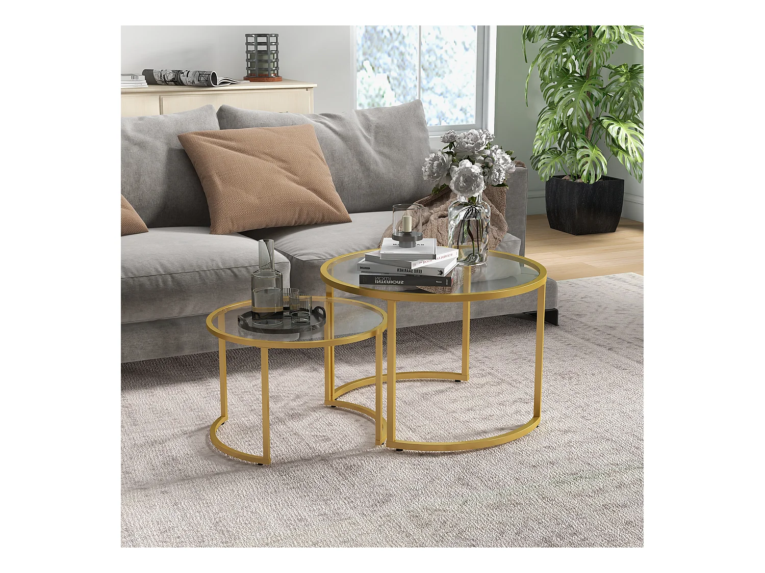 Lot de 2 tables basses gigognes rondes style art déco - acier doré verre trempé 5 mm