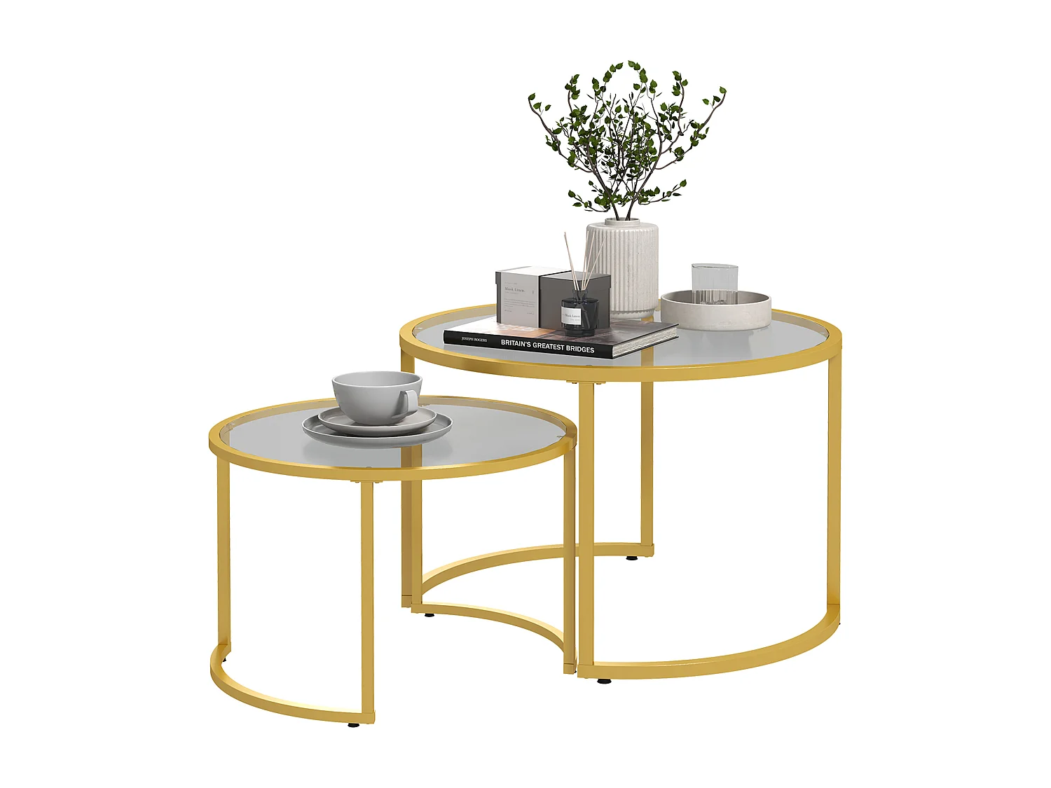 Lot de 2 tables basses gigognes rondes style art déco - acier doré verre trempé 5 mm