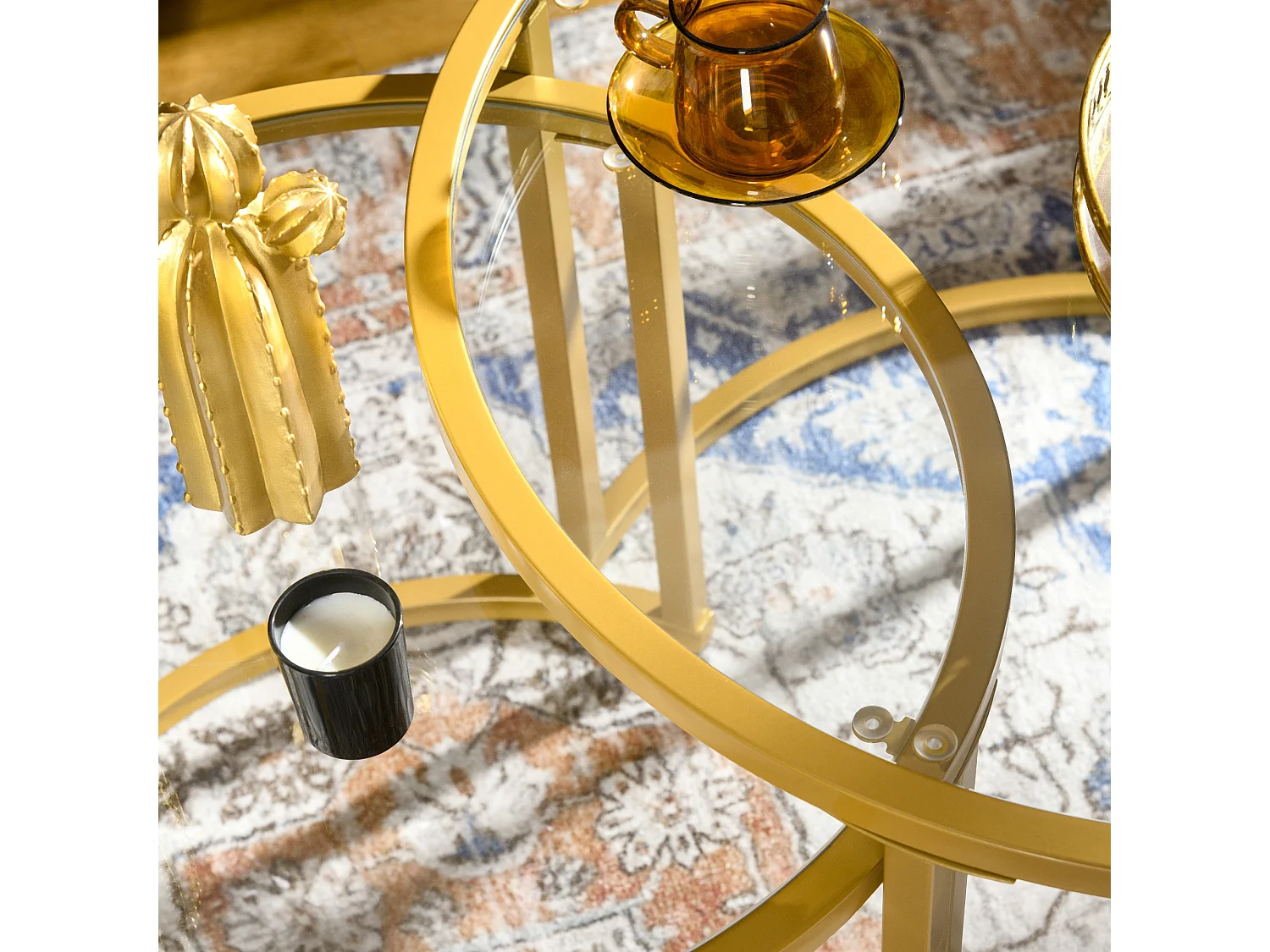 Lot de 2 tables basses gigognes rondes style art déco - acier doré verre trempé 5 mm