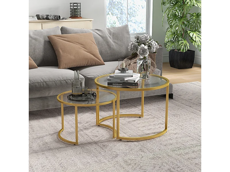 Lot de 2 tables basses gigognes rondes style art déco - acier doré verre trempé 5 mm