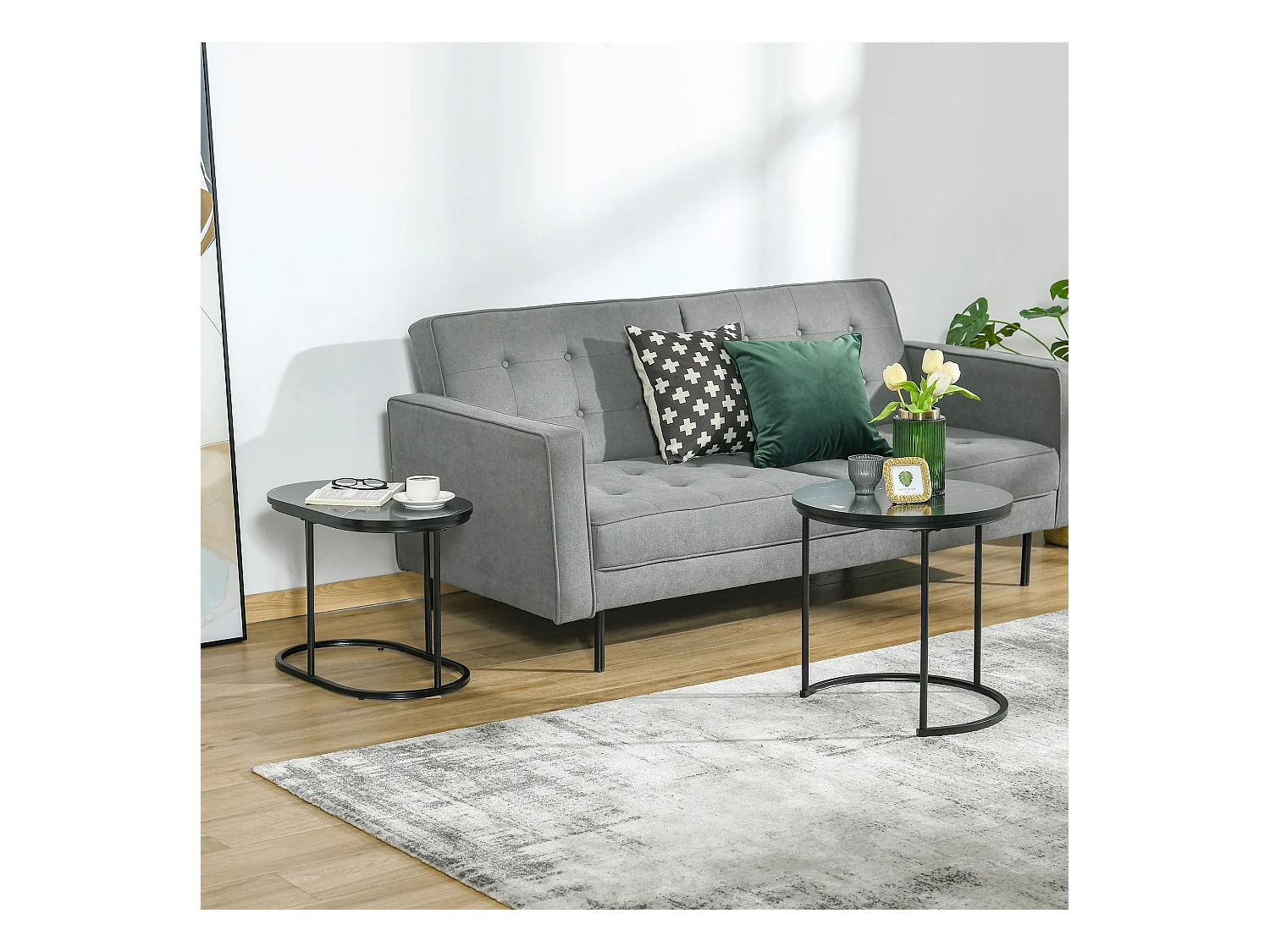 Lot de 2 tables basses gigognes - tables d'appoint encastrables style contemporain - piètement acier plateau MDF aspect marbre noir