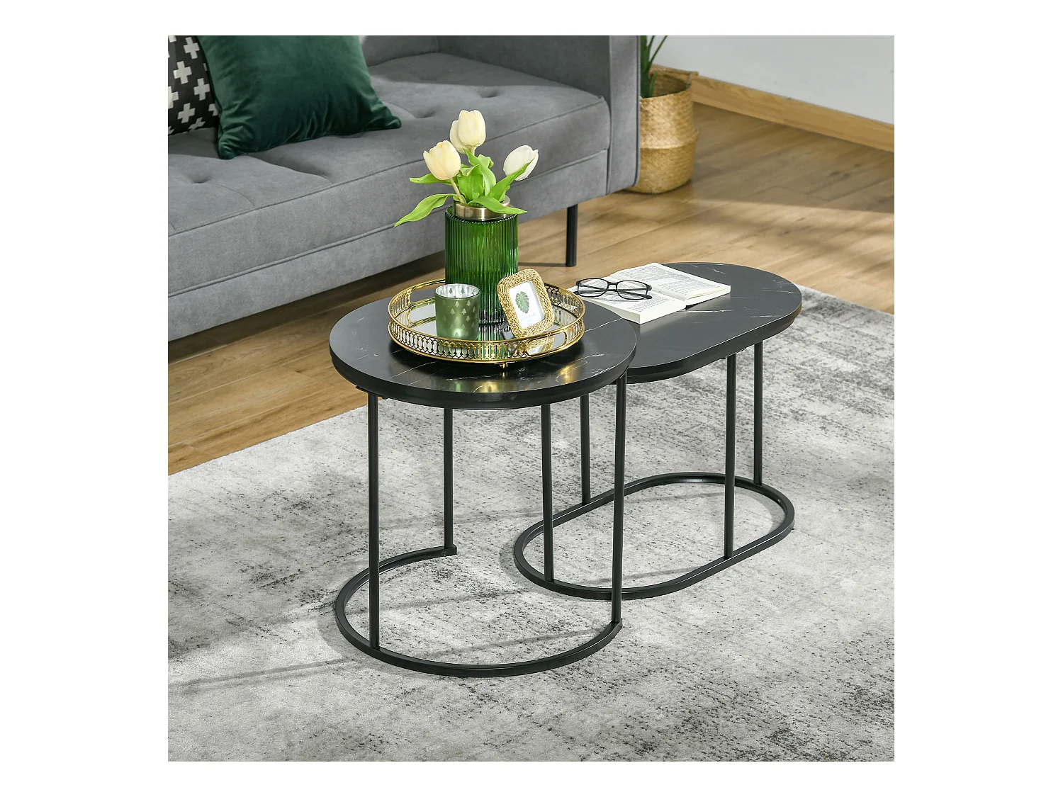Lot de 2 tables basses gigognes - tables d'appoint encastrables style contemporain - piètement acier plateau MDF aspect marbre noir