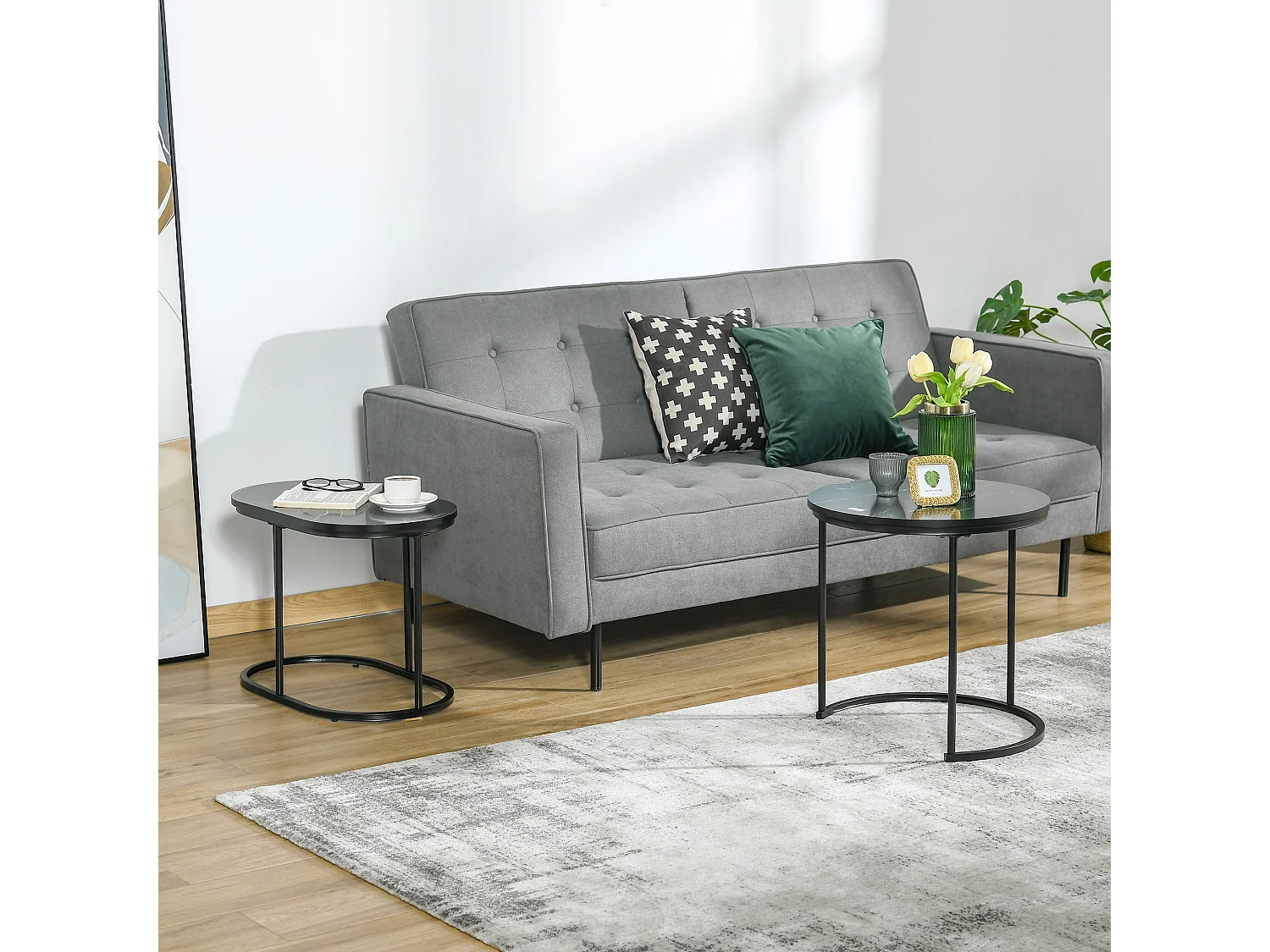 Lot de 2 tables basses gigognes - tables d'appoint encastrables style contemporain - piètement acier plateau MDF aspect marbre noir