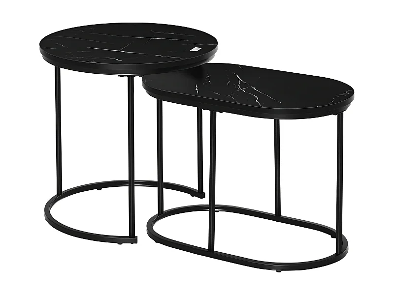 Lot de 2 tables basses gigognes - tables d'appoint encastrables style contemporain - piètement acier plateau MDF aspect marbre noir