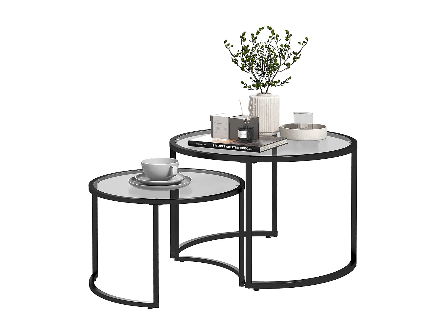 Lot de 2 tables basses gigognes rondes style contemporain - acier noir verre trempé 5 mm