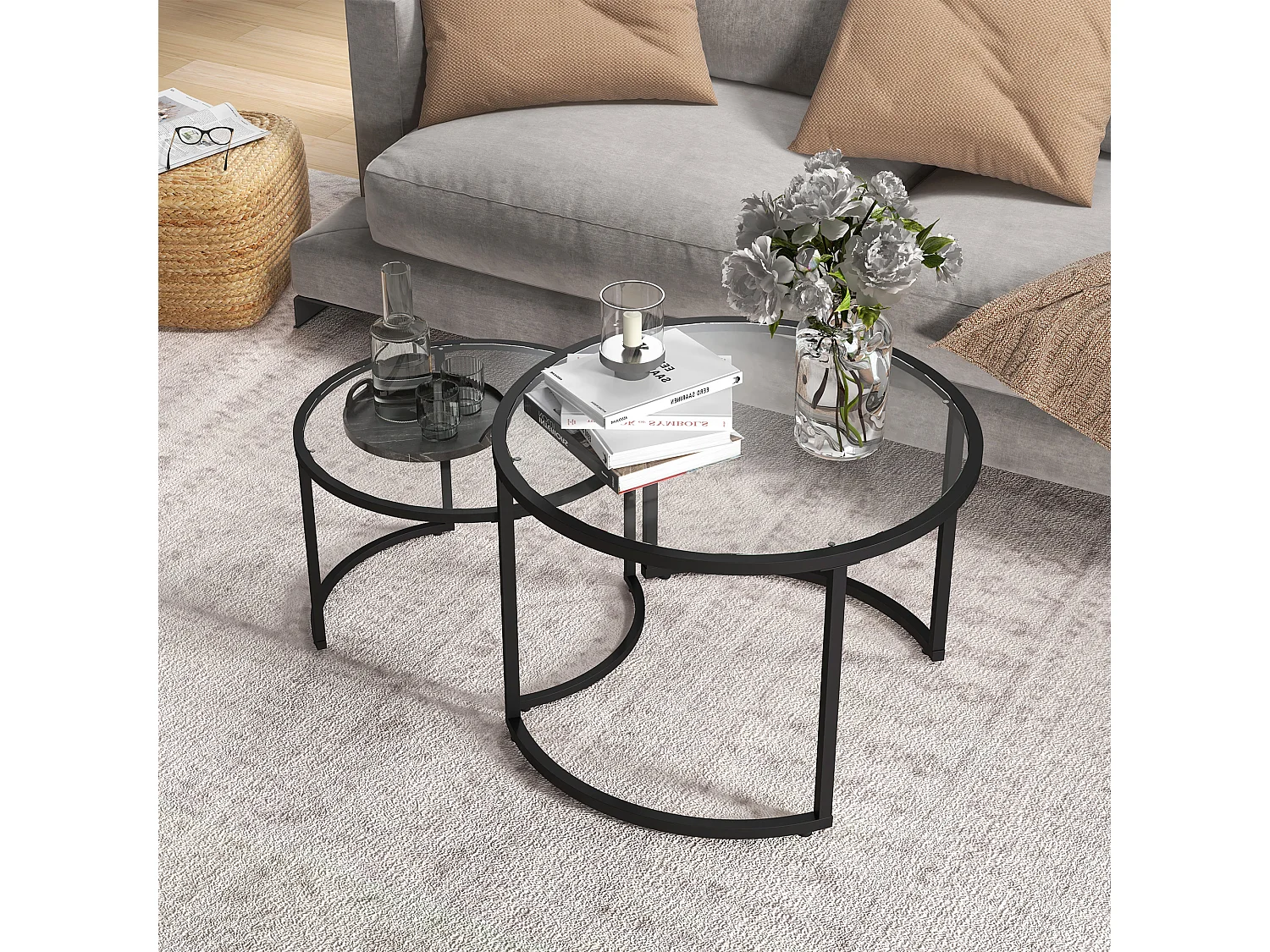Lot de 2 tables basses gigognes rondes style contemporain - acier noir verre trempé 5 mm